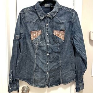 Harley Davidson Blue Denim Pearl Snap Long Sleeve Studded Top Shirt Womens XL